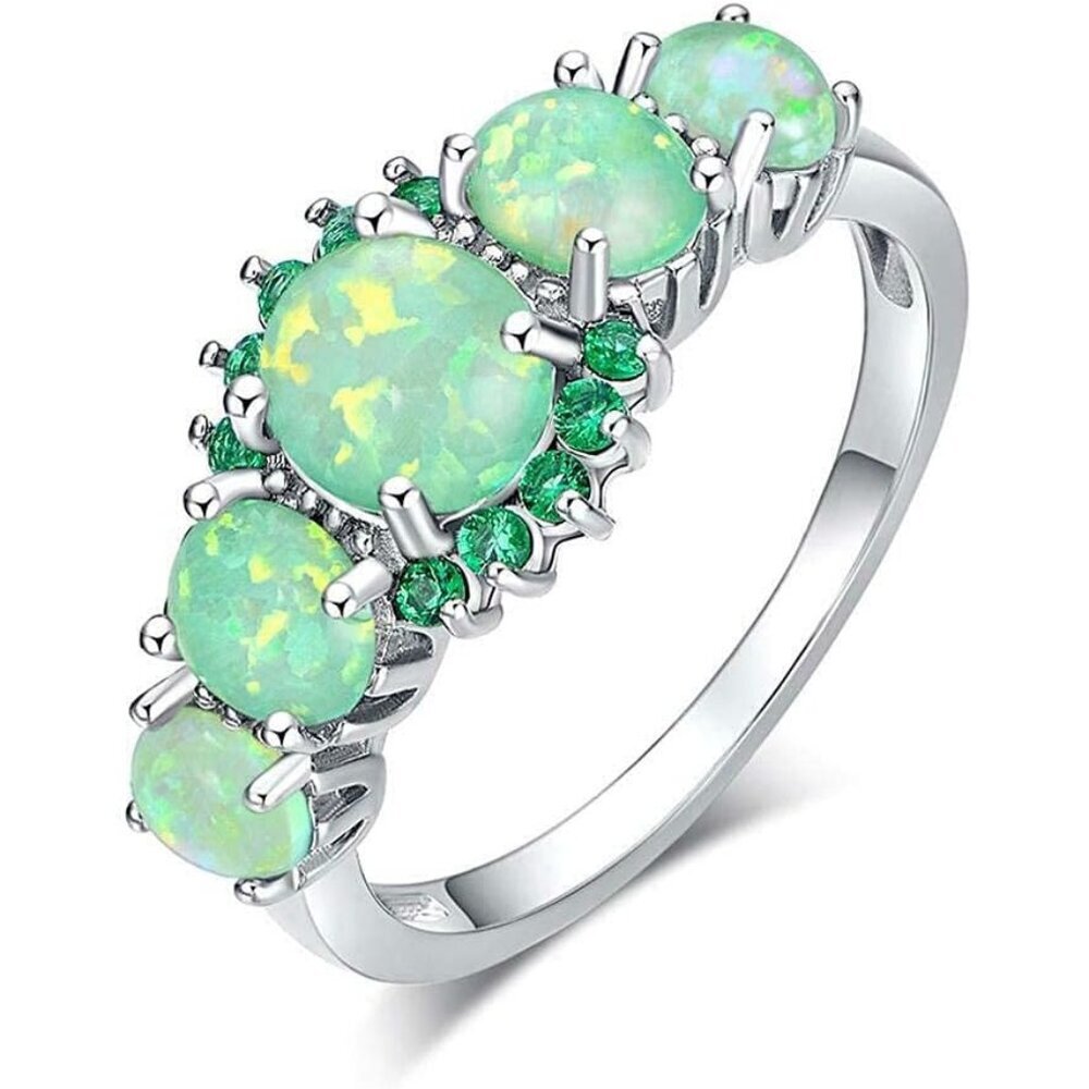 Silver Plated Green/Pink/White Fire Opal Ring Emerald Gemstone Ring Size 5-12